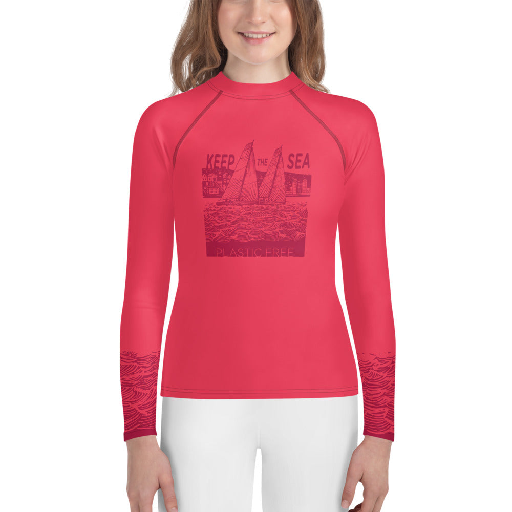 Boatbranding Rash Guard 8 Sailing design Youth Girl Rash Guard - Long Sleeve "Keep the sea plastic free" Sailing-Gift Regatta Yacht Sailing-Lifestyle Sailing-Apparel Nautical-Fashion Nautical-Gear