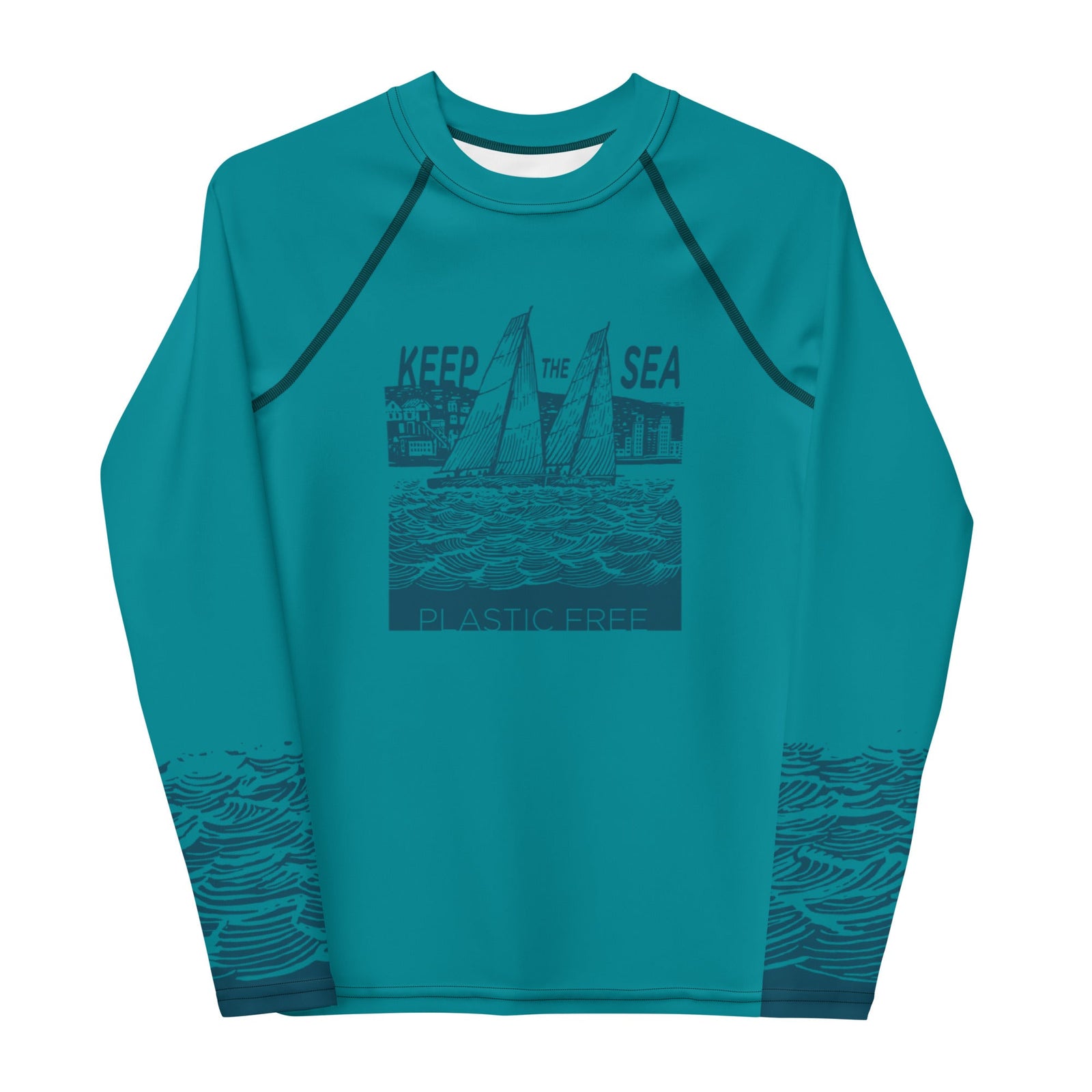 Boatbranding Rash Guard 8 Sailing design Youth unisex Rash Guard - Long Sleeve "Keep the sea plastic free" Sailing-Gift Regatta Yacht Sailing-Lifestyle Sailing-Apparel Nautical-Fashion Nautical-Gear