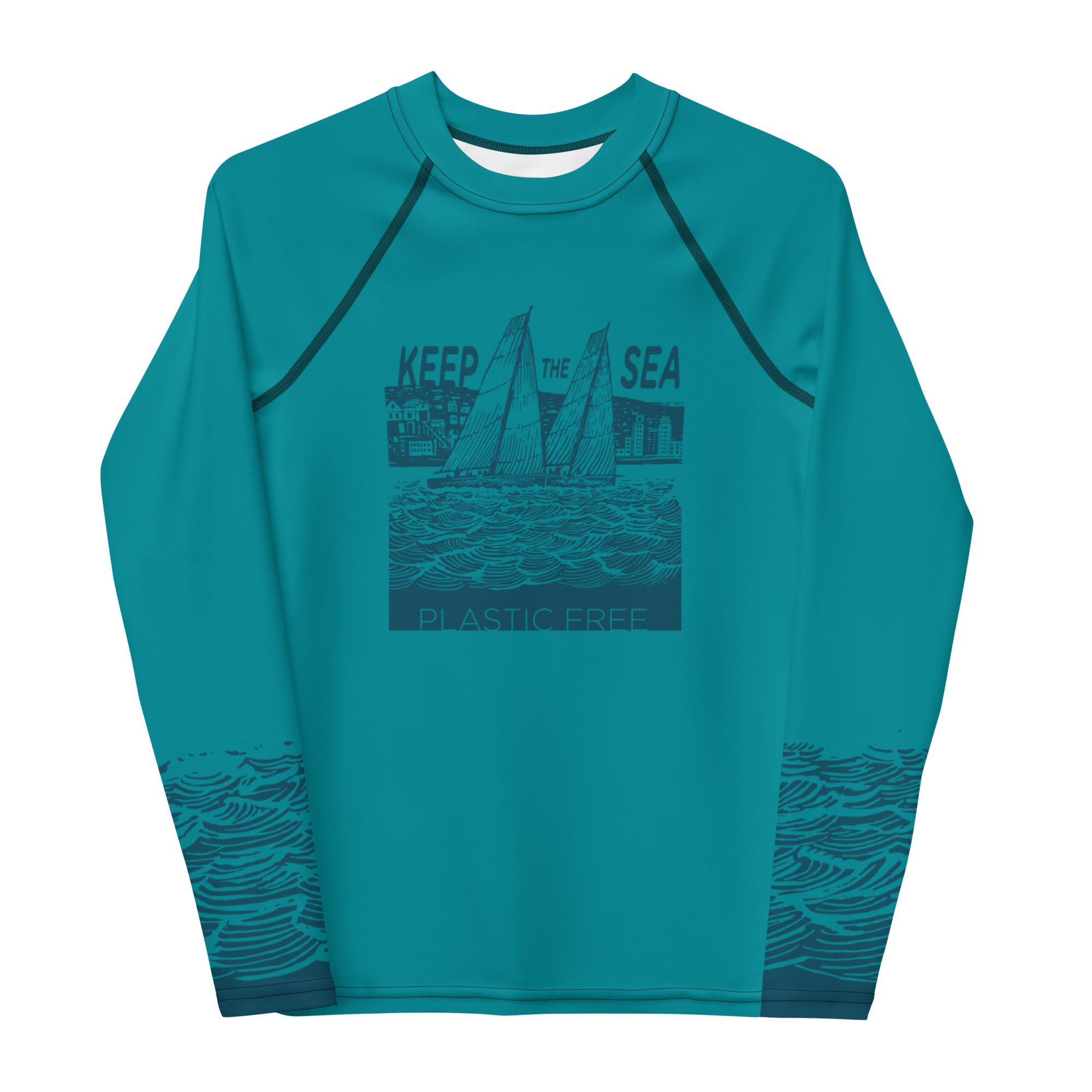 Boatbranding Rash Guard 8 Sailing design Youth unisex Rash Guard - Long Sleeve "Keep the sea plastic free" Sailing-Gift Regatta Yacht Sailing-Lifestyle Sailing-Apparel Nautical-Fashion Nautical-Gear