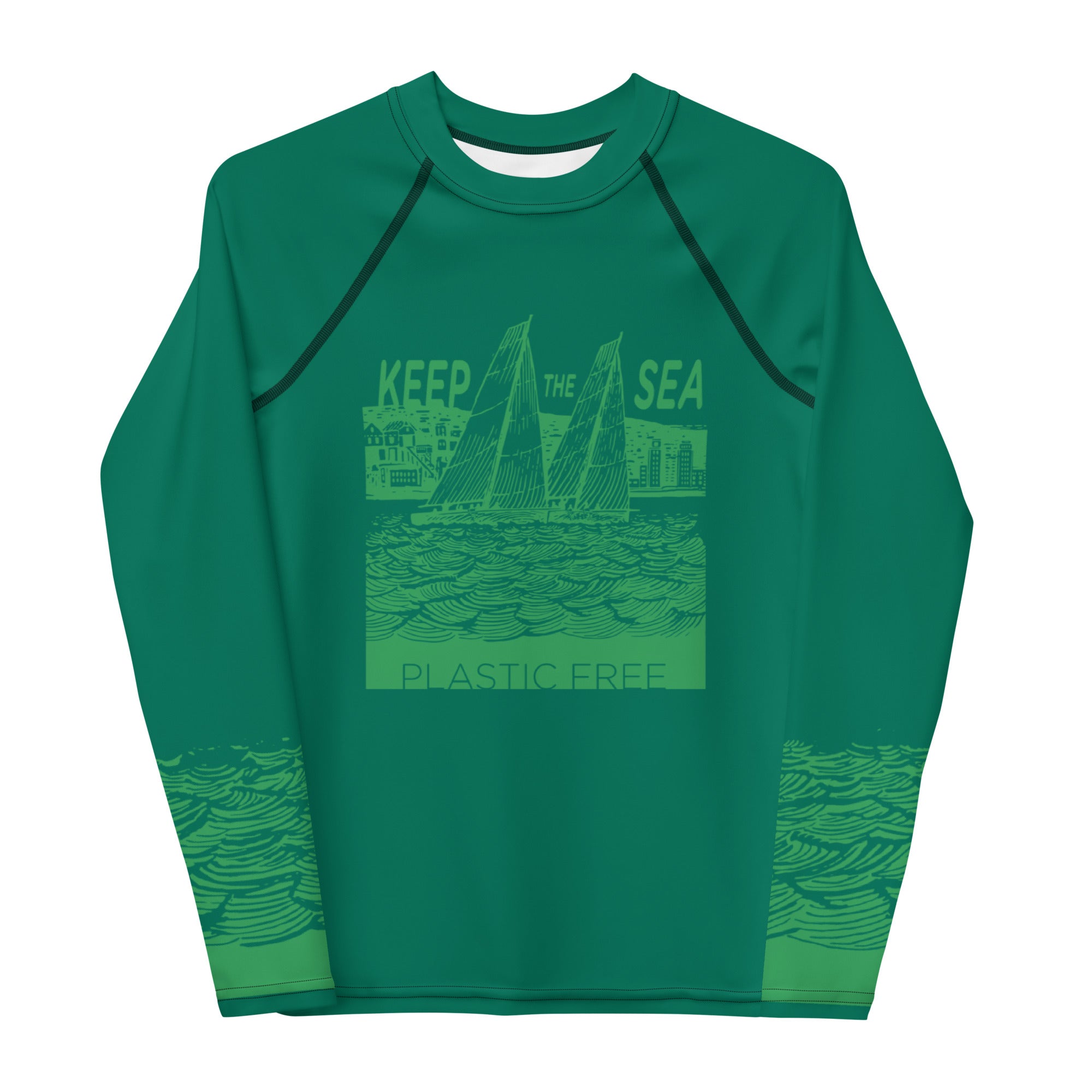 Boatbranding Rash Guard 8 Sailing design Youth unisex Rash Guard - Long Sleeve "Keep the sea plastic free" Sailing-Gift Regatta Yacht Sailing-Lifestyle Sailing-Apparel Nautical-Fashion Nautical-Gear