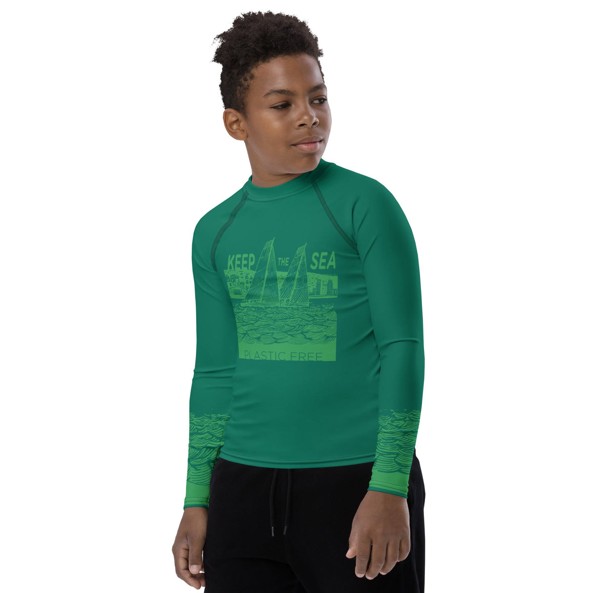 Boatbranding Rash Guard Sailing design Youth unisex Rash Guard - Long Sleeve "Keep the sea plastic free" Sailing-Gift Regatta Yacht Sailing-Lifestyle Sailing-Apparel Nautical-Fashion Nautical-Gear